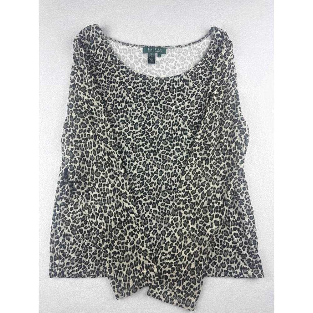 Lauren Ralph Lauren Grey Leopard Print Long Sleeve Scoop Neck Top XL
